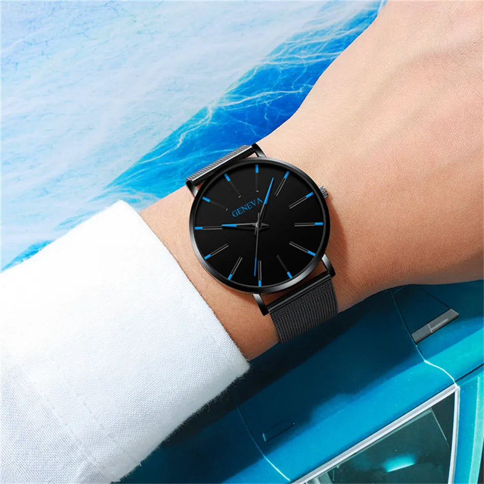 2024 Ultra Thin Blue Stainless Steel Mesh Belt Watches Man Business Casual Quartz Wrist Watch