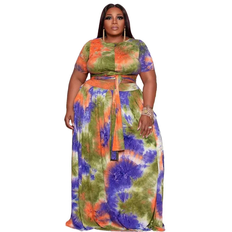 Plus Size  Two Piece Set Plaid Crop Top with  Elastic Waist Maxi Skirt