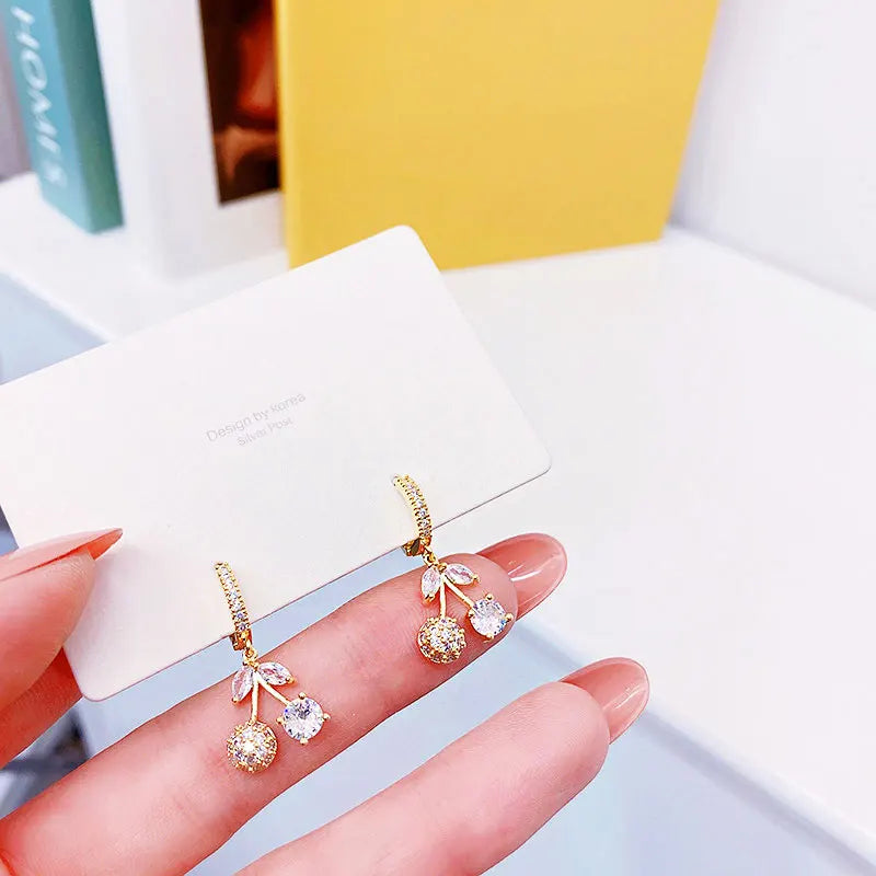 Korea Exquisite Cute Cherry Design Plating 14K Real Gold Ear Stud Elegant Luxury Charm for Lady Trendy Delicate Earrings Gift