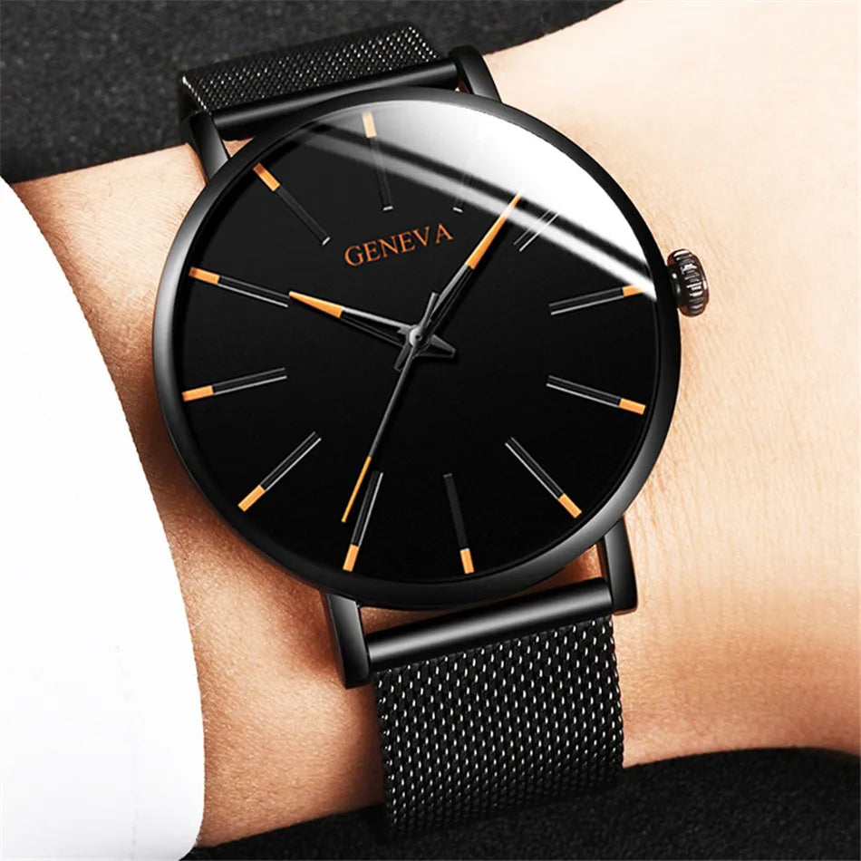 2024 Ultra Thin Blue Stainless Steel Mesh Belt Watches Man Business Casual Quartz Wrist Watch