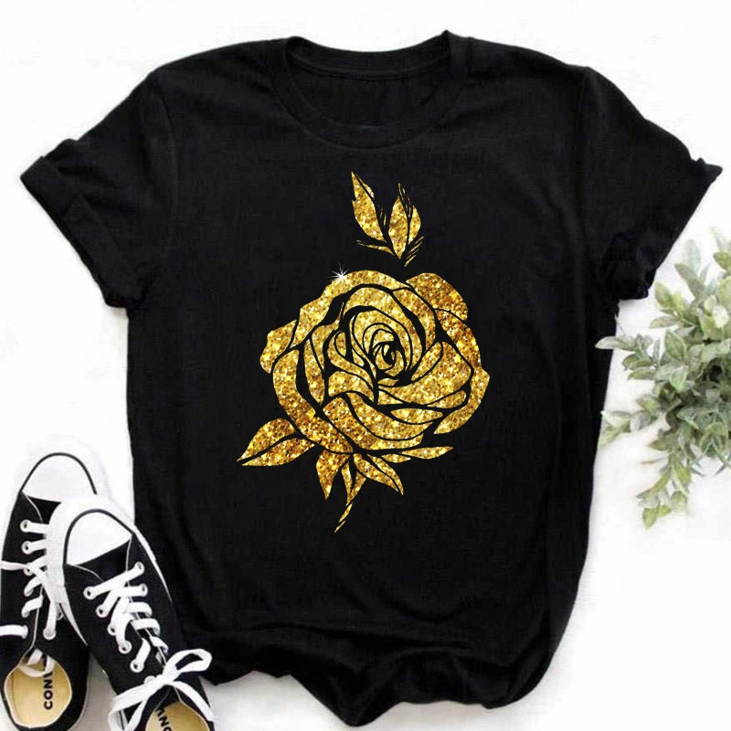 Gold Rose Print T Shirt  Short Sleeves