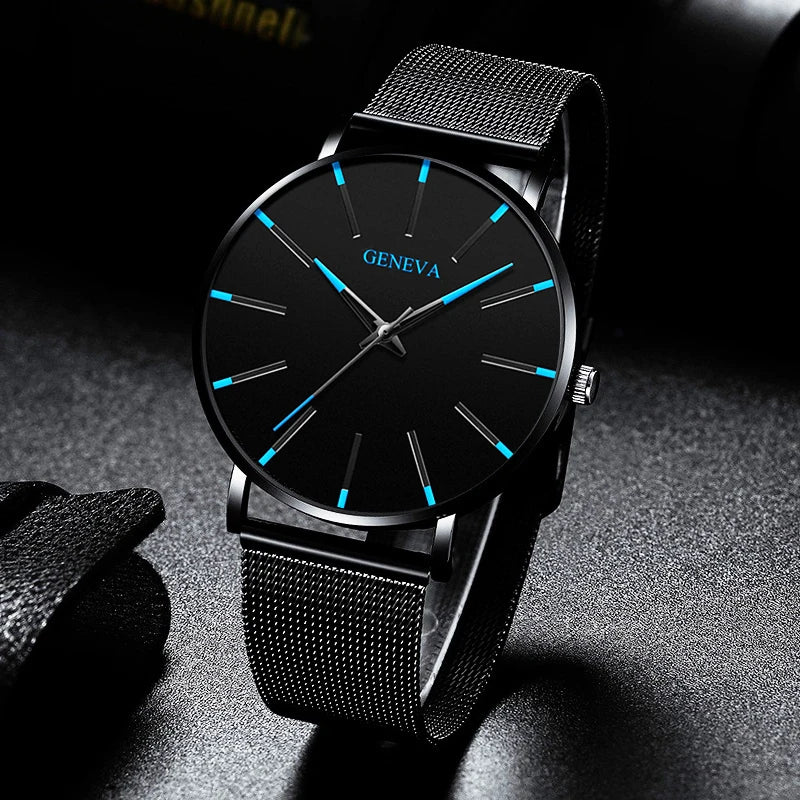 2024 Ultra Thin Blue Stainless Steel Mesh Belt Watches Man Business Casual Quartz Wrist Watch