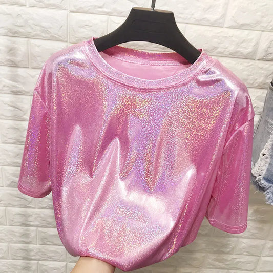 New summer retro style stylish bright silk /shiny loose short sleeve t-shirt