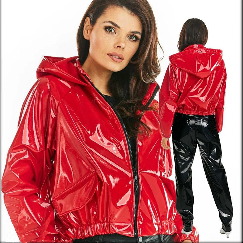 Women PVC Patent Leather Jacket Casual Latex Sweatshirts Coat Shiny PU Loose Crop Tops Plus Size Zip-up Hoodies Nightclub Custom