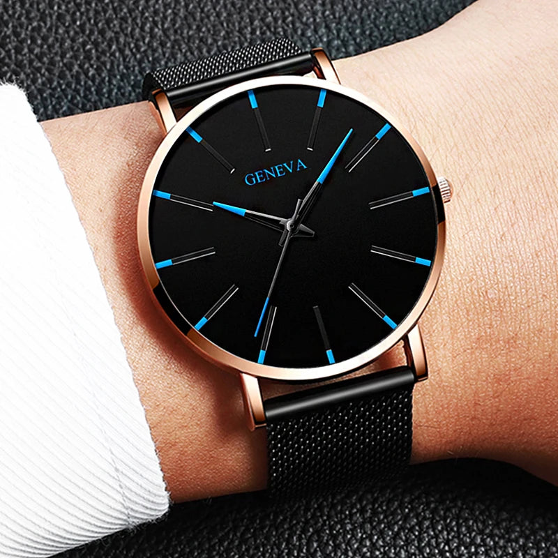 2024 Ultra Thin Blue Stainless Steel Mesh Belt Watches Man Business Casual Quartz Wrist Watch