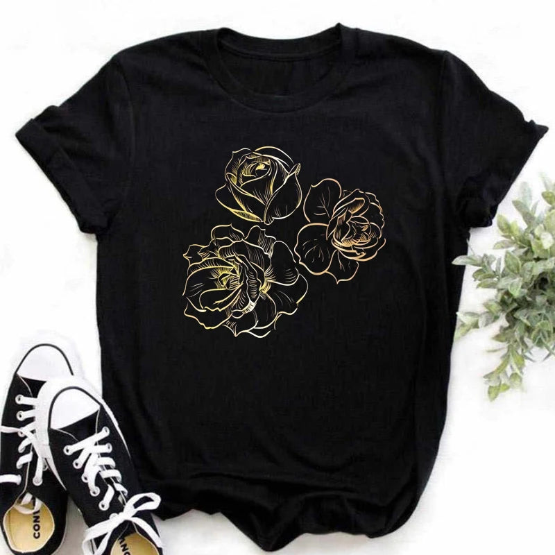 Gold Rose Print T Shirt  Short Sleeves