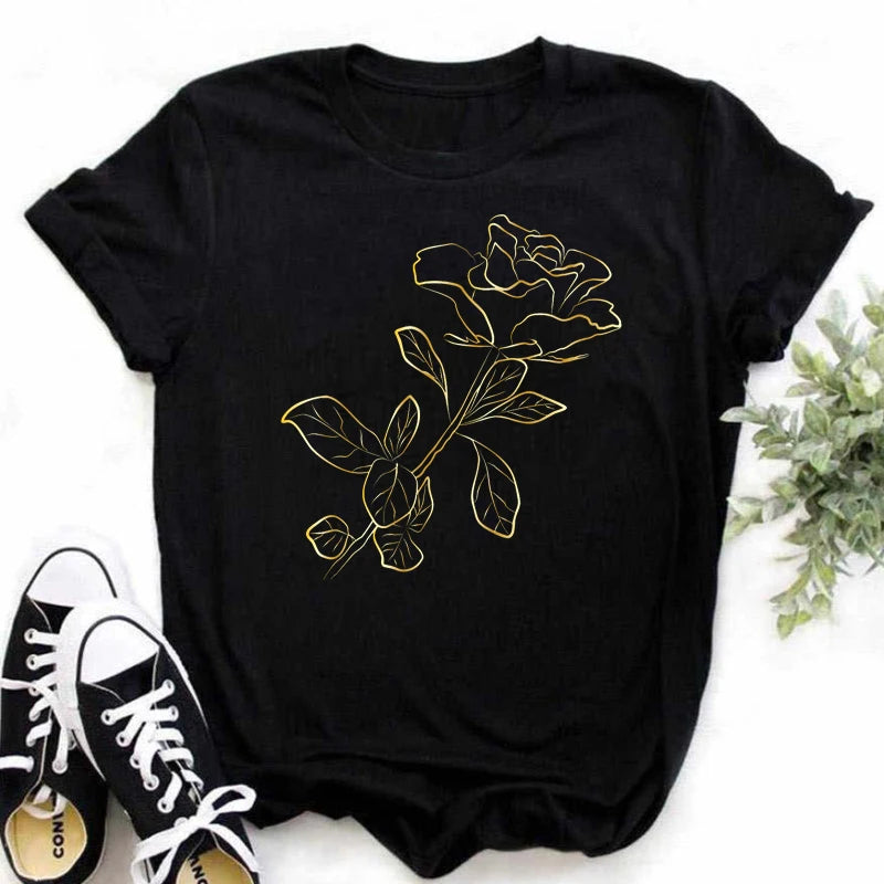 Gold Rose Print T Shirt  Short Sleeves