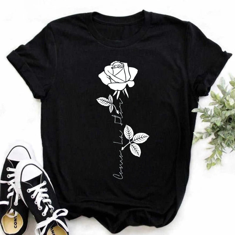 Gold Rose Print T Shirt  Short Sleeves