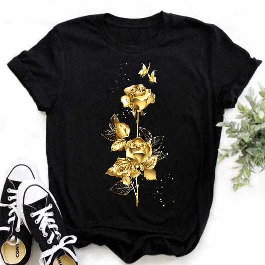 Gold Rose Print T Shirt  Short Sleeves