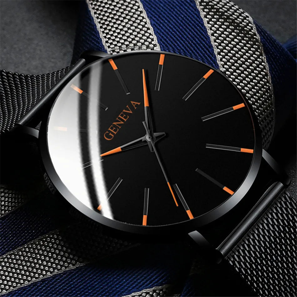 2024 Ultra Thin Blue Stainless Steel Mesh Belt Watches Man Business Casual Quartz Wrist Watch