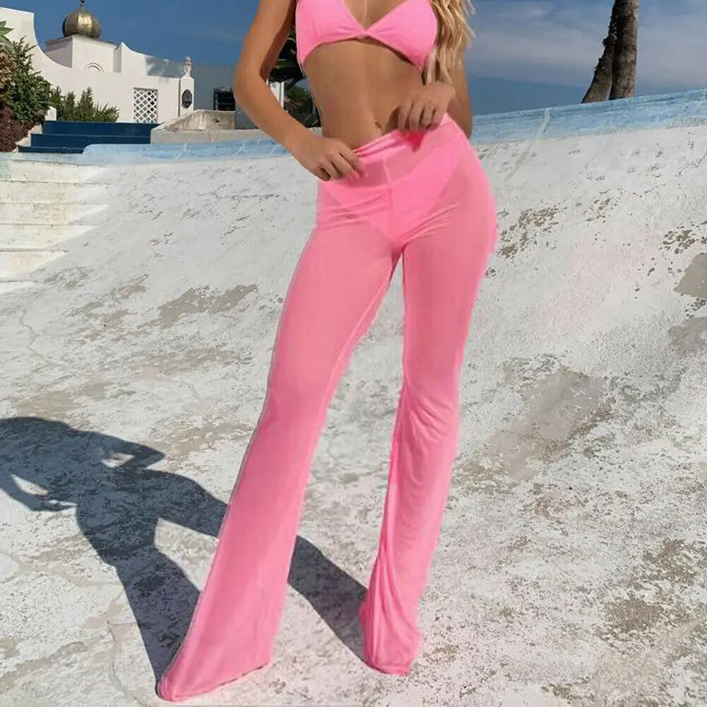 Women Hot Sexy Beach See-through Mesh High Waist Elastic Sheer Wide Leg Pants Trousers Plus Size Bikini Cover Up S-XL