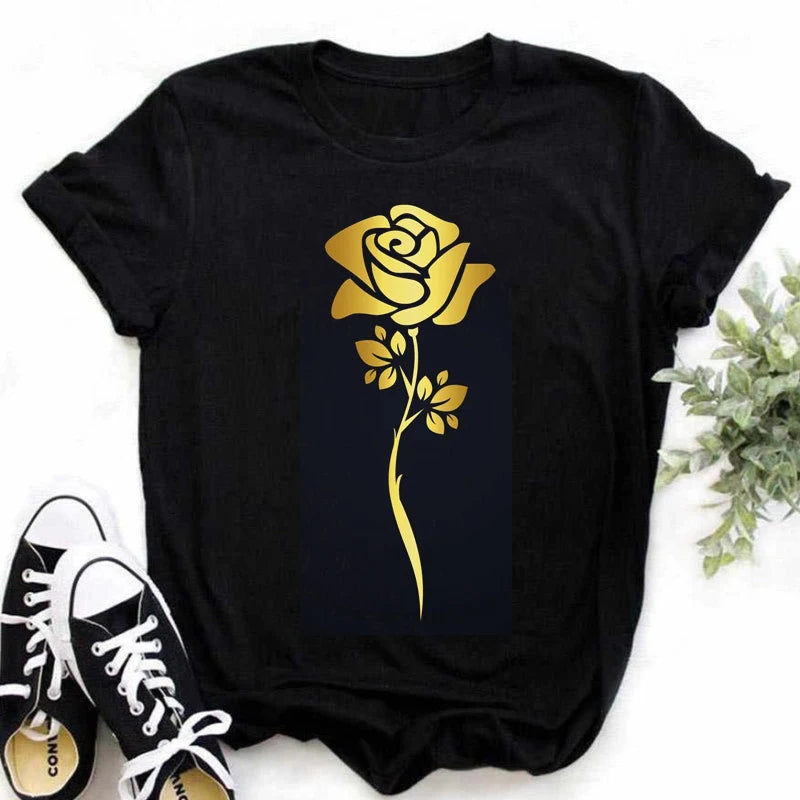 Gold Rose Print T Shirt  Short Sleeves