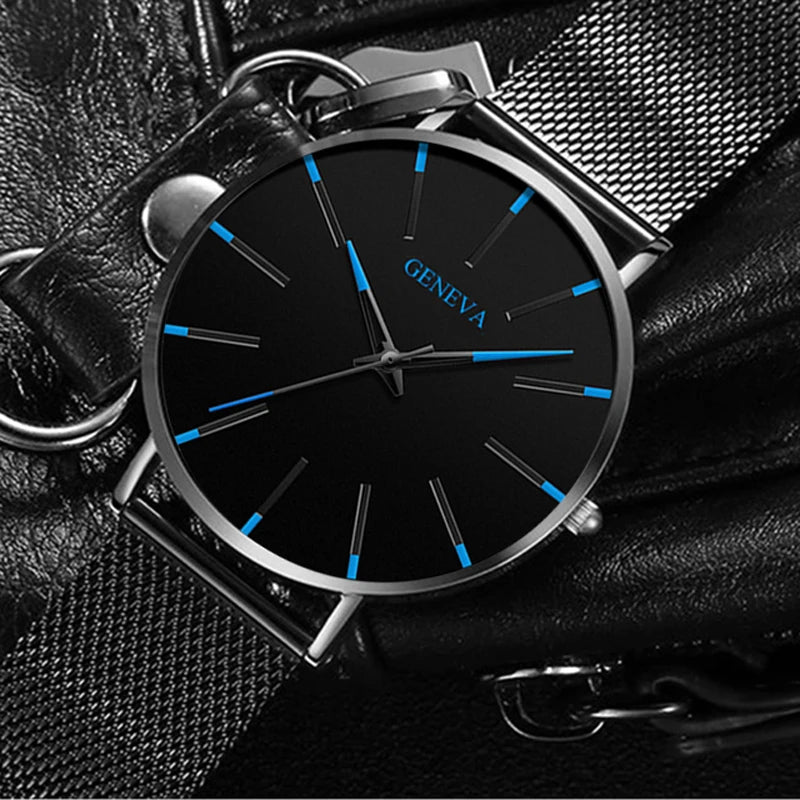 2024 Ultra Thin Blue Stainless Steel Mesh Belt Watches Man Business Casual Quartz Wrist Watch