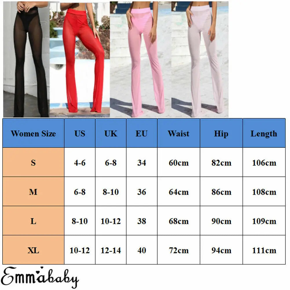 Women Hot Sexy Beach See-through Mesh High Waist Elastic Sheer Wide Leg Pants Trousers Plus Size Bikini Cover Up S-XL