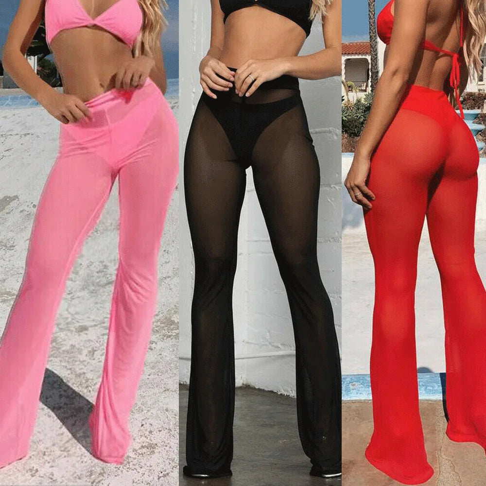 Women Hot Sexy Beach See-through Mesh High Waist Elastic Sheer Wide Leg Pants Trousers Plus Size Bikini Cover Up S-XL