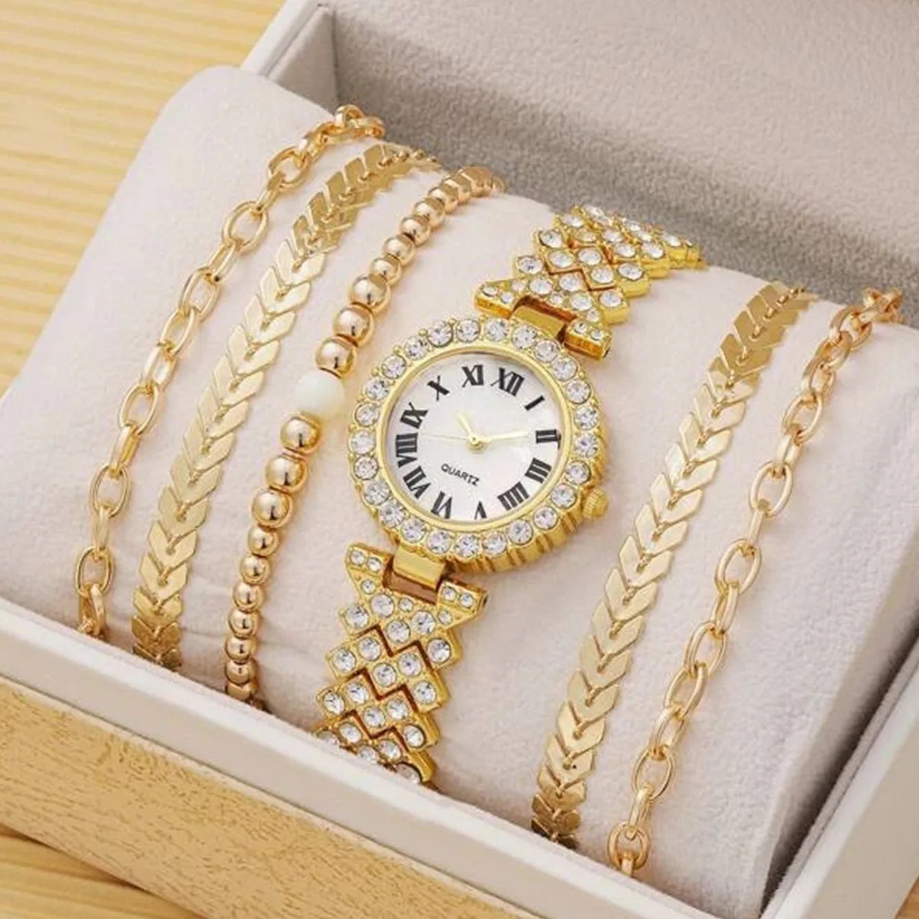 Full Crystal 5Pcs Watches Set for Women Diamond Women's Bracelet Watch Luxury Fashion Watch Bracelet Set Rhinestone Gifts