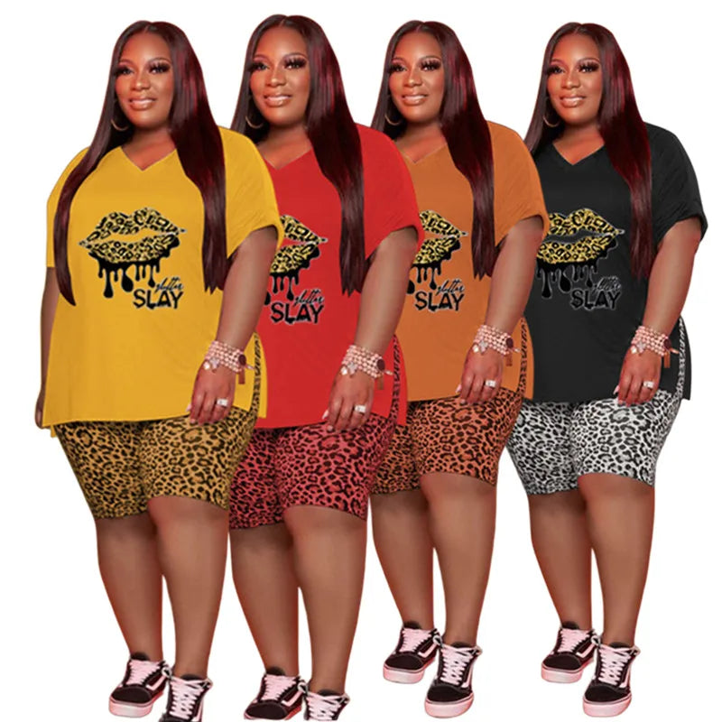 Plus Size  2 Piece Outfits Loose Lip Printed Top Leopard Shorts Casual Matching Set