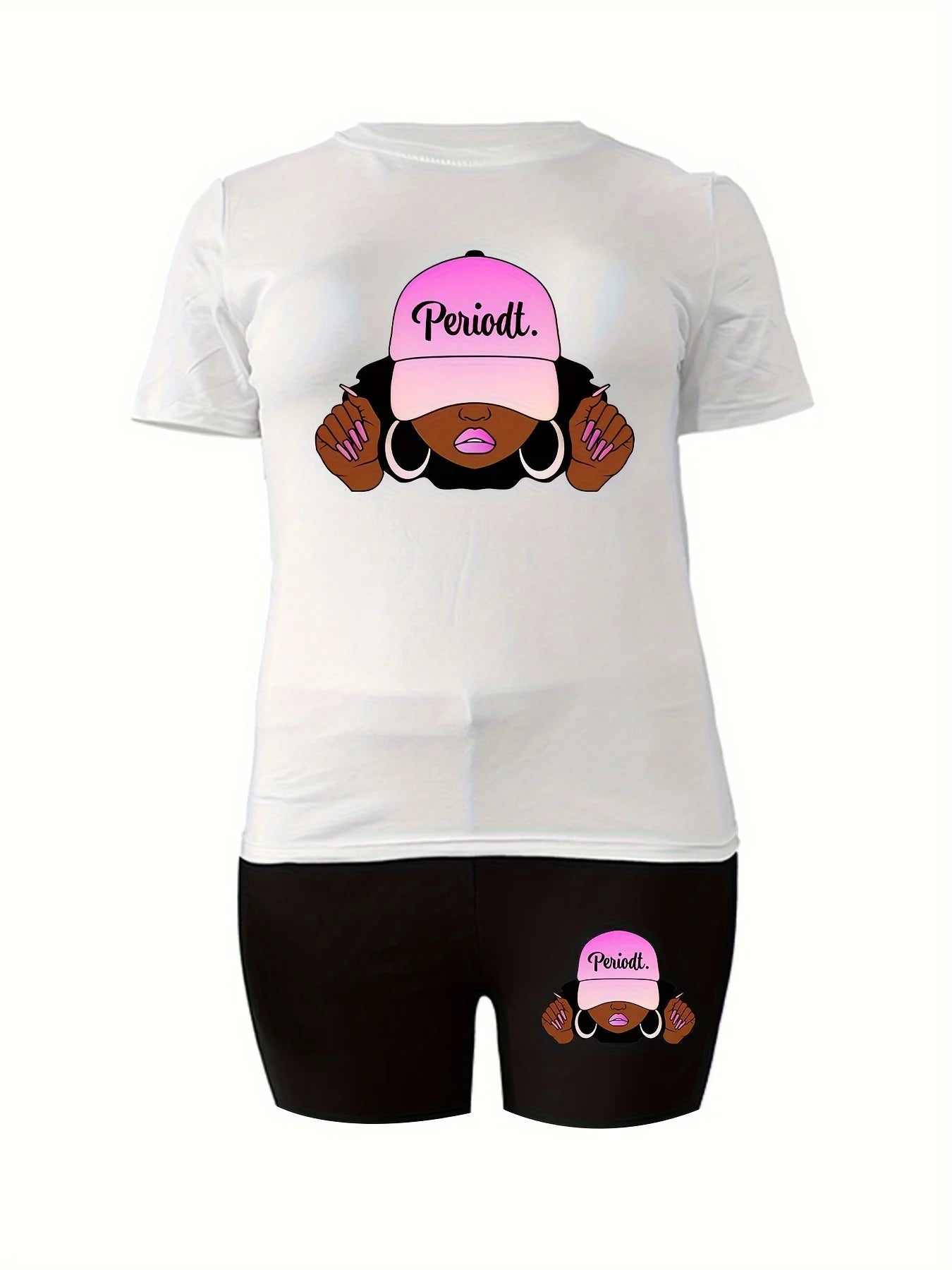 Women's 2-Piece Plus Size Sport Set, White T-Shirt With Bold "Periodt." Graphic & Matching Shorts, Comfortable Summer Outfit