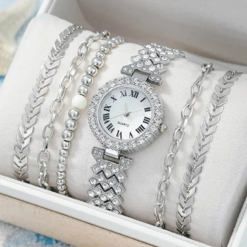 Full Crystal 5Pcs Watches Set for Women Diamond Women's Bracelet Watch Luxury Fashion Watch Bracelet Set Rhinestone Gifts