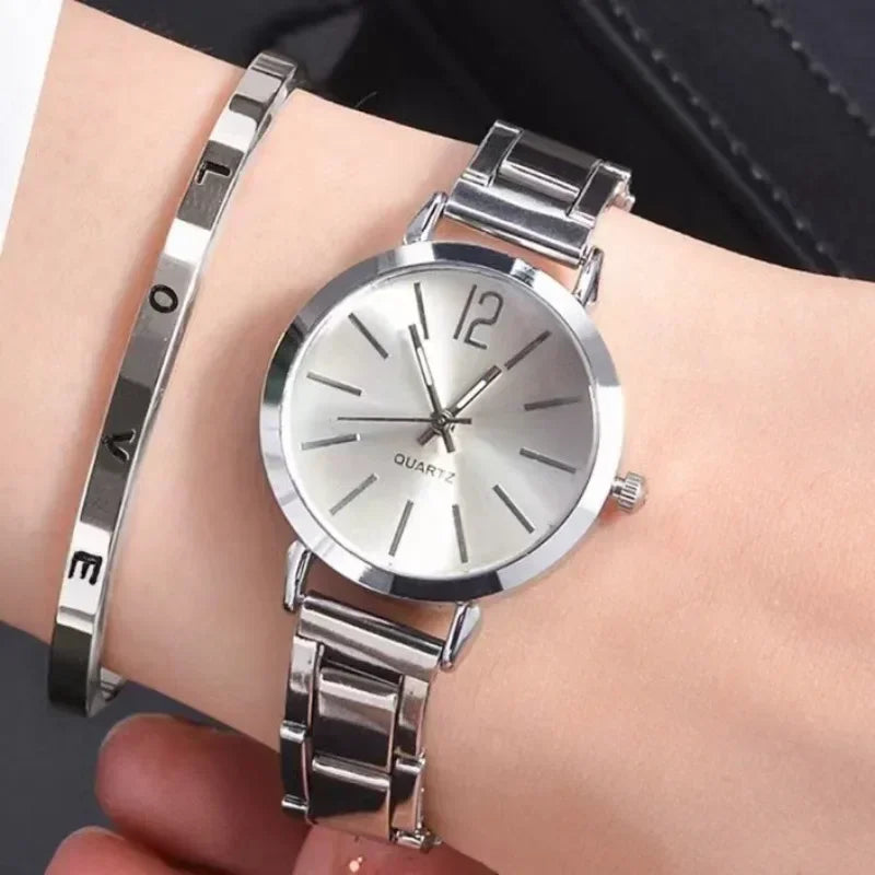 2pcs Set Women Watch Luxury Simple Dial Hollow Strap Fashion Gold Bracelet Quartz Wristwatch Student Ladies Watch