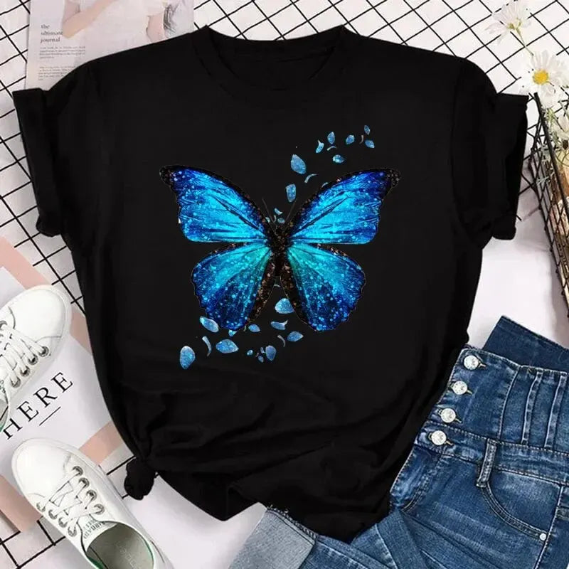 Colorful Butterfly Petal Print Short Sleeve and Round Neck /Cute Graphic Tee Shirts