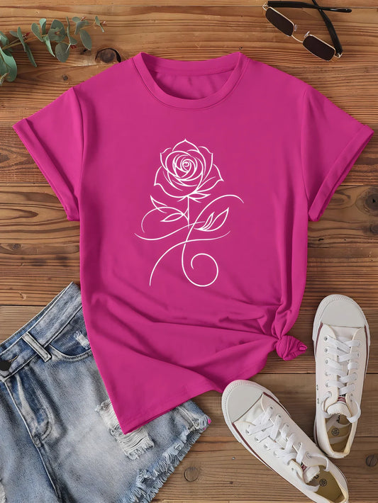 Rose Line Art Print T-shirt Short Sleeve Crew Neck Casual Top for Summer and Spring Women's Clothing Elegant Single