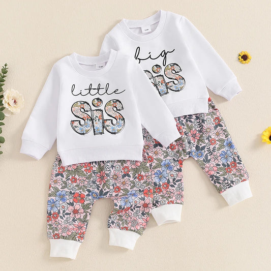 Baby Matching Sets Long Sleeve O Neck Letter Print Tops Floral Pants 2PCS Outfit