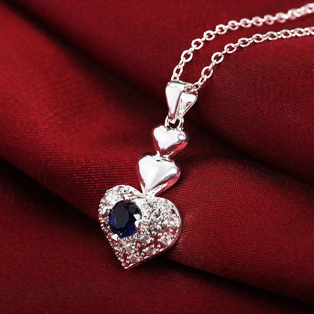 Hot Noble blue crystal heart 925 sterling Silver pendant necklace earring Jewelry sets for Woman classic fashion party fine gift