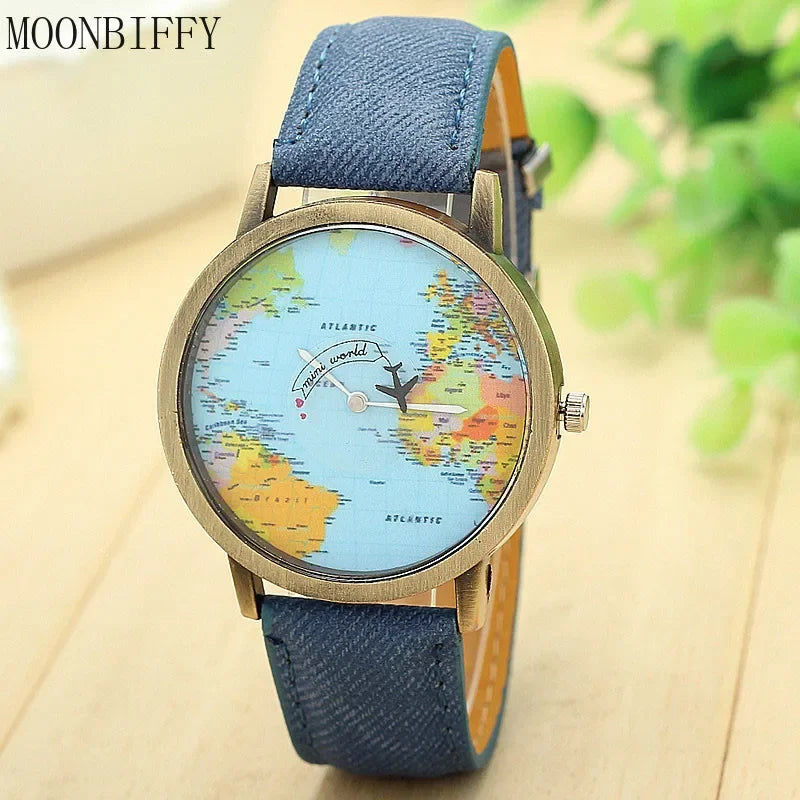 2024 Fashion Global World Map Plane Denim Fabric Band Watch Casual Men Women Wristwatches Quartz Watch Gift