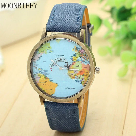 2024 Fashion Global World Map Plane Denim Fabric Band Watch Casual Men Women Wristwatches Quartz Watch Gift