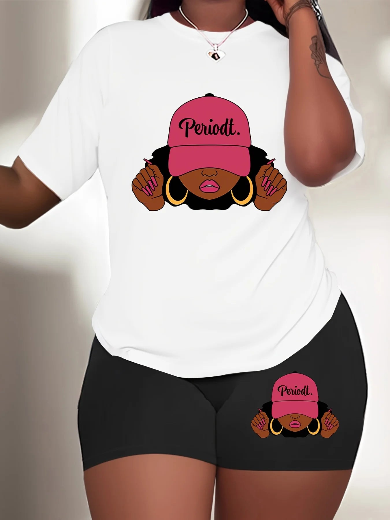 Women's 2-Piece Plus Size Sport Set, White T-Shirt With Bold "Periodt." Graphic & Matching Shorts, Comfortable Summer Outfit