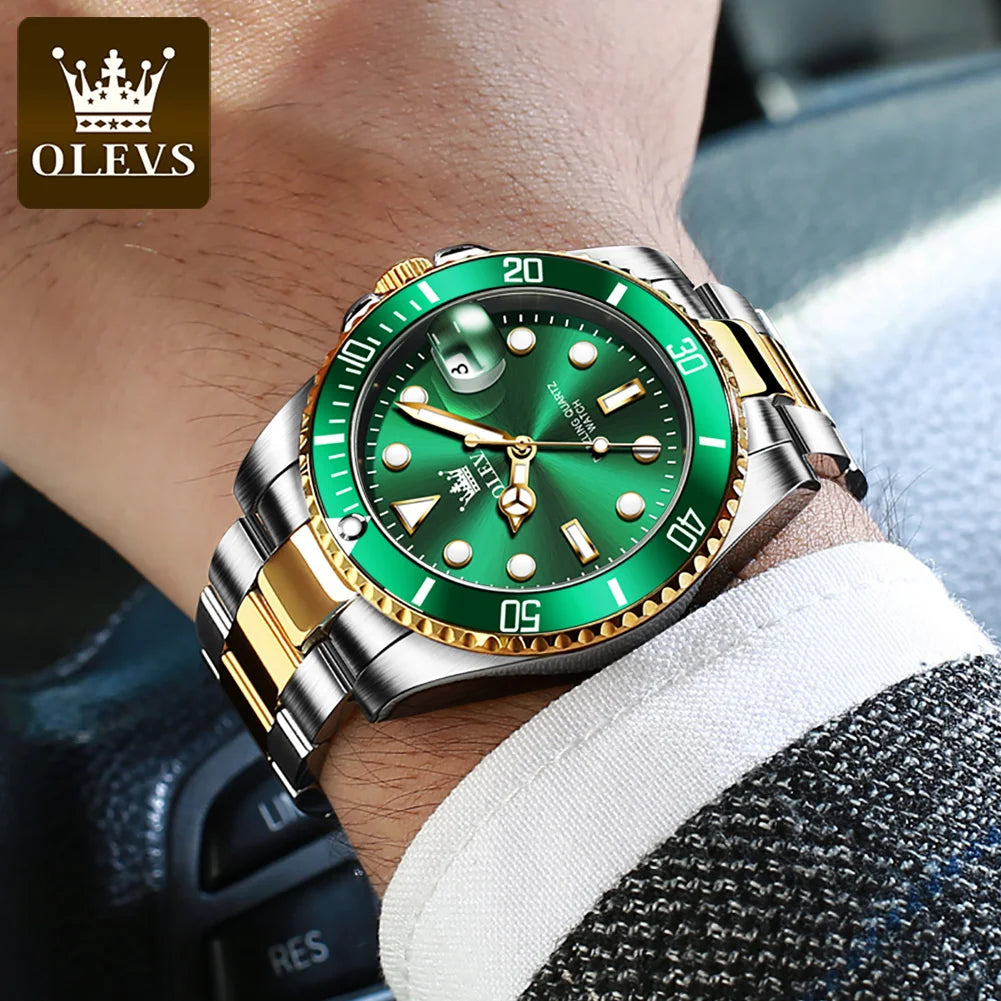 OLEVS Top Original Men Quartz Watch Green Waterproof Watch for Men Stainless Steel Quartz Men Luxury Watch Luminous Wristwatch