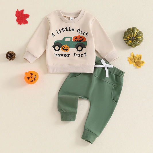 2024-06-11 Lioraitiin Toddler Boys Halloween Outfits Pumpkin Truck Letter Print Long Sleeve Sweatshirts and Long Pants 2Pcs Set