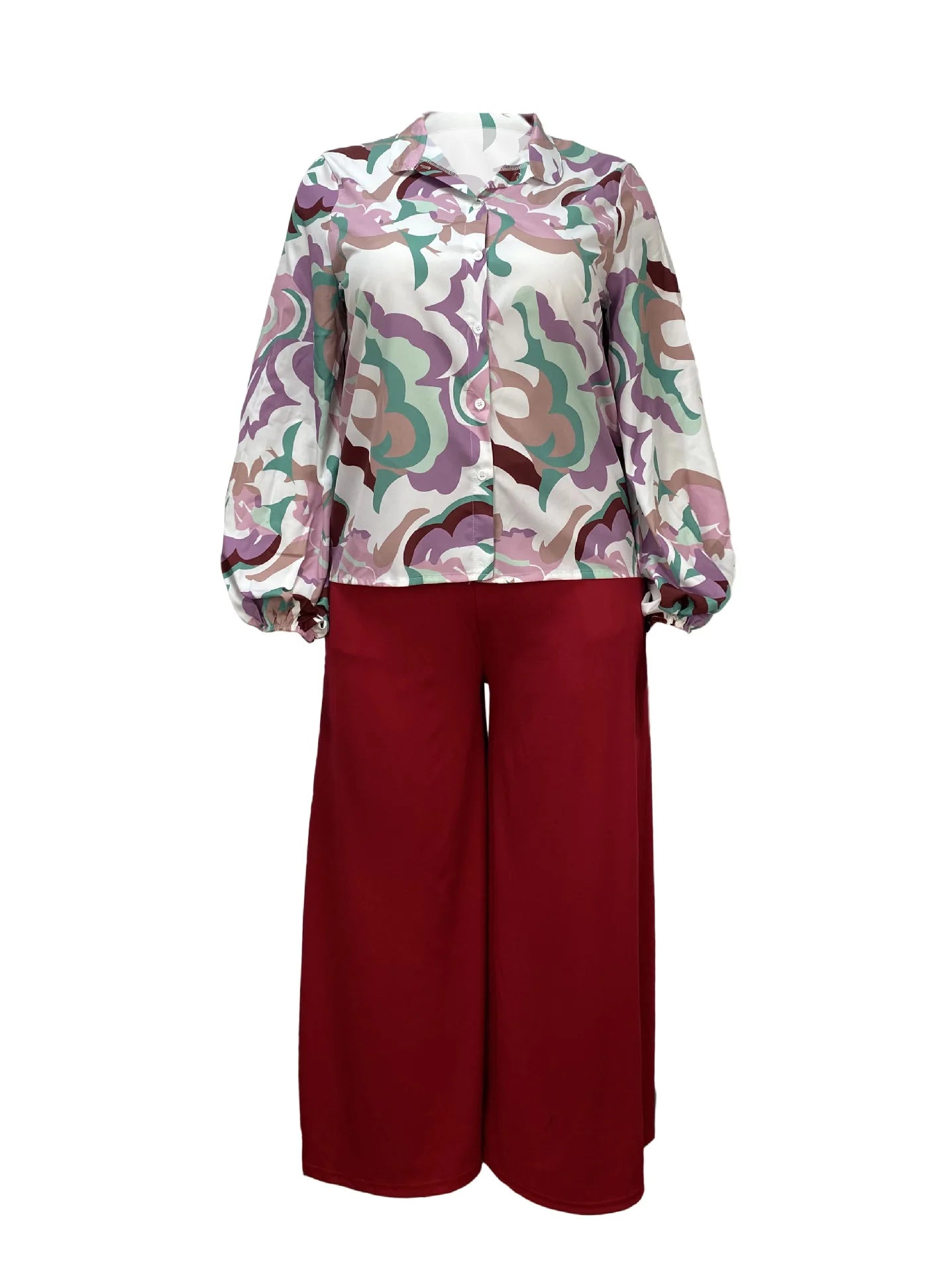 Elegant Women's Set Chiffon Long Sleeved Printed Top and Loose Leisure Wide Legged Pants Plus Size 5XL Womens Clothing