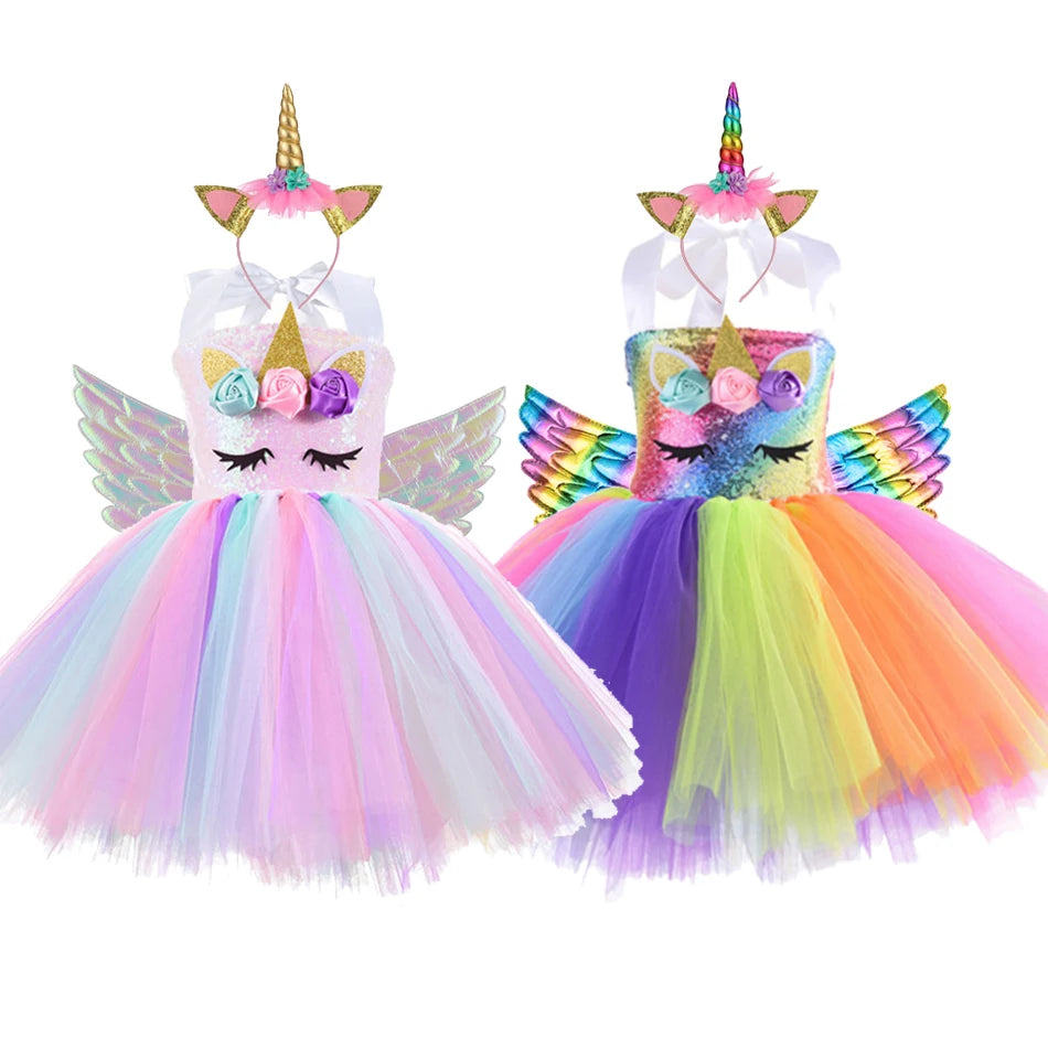 Princess Girls Unicorn Tutu Dress Outfits Pastel Flower Baby Girl Birthday Party Dresses