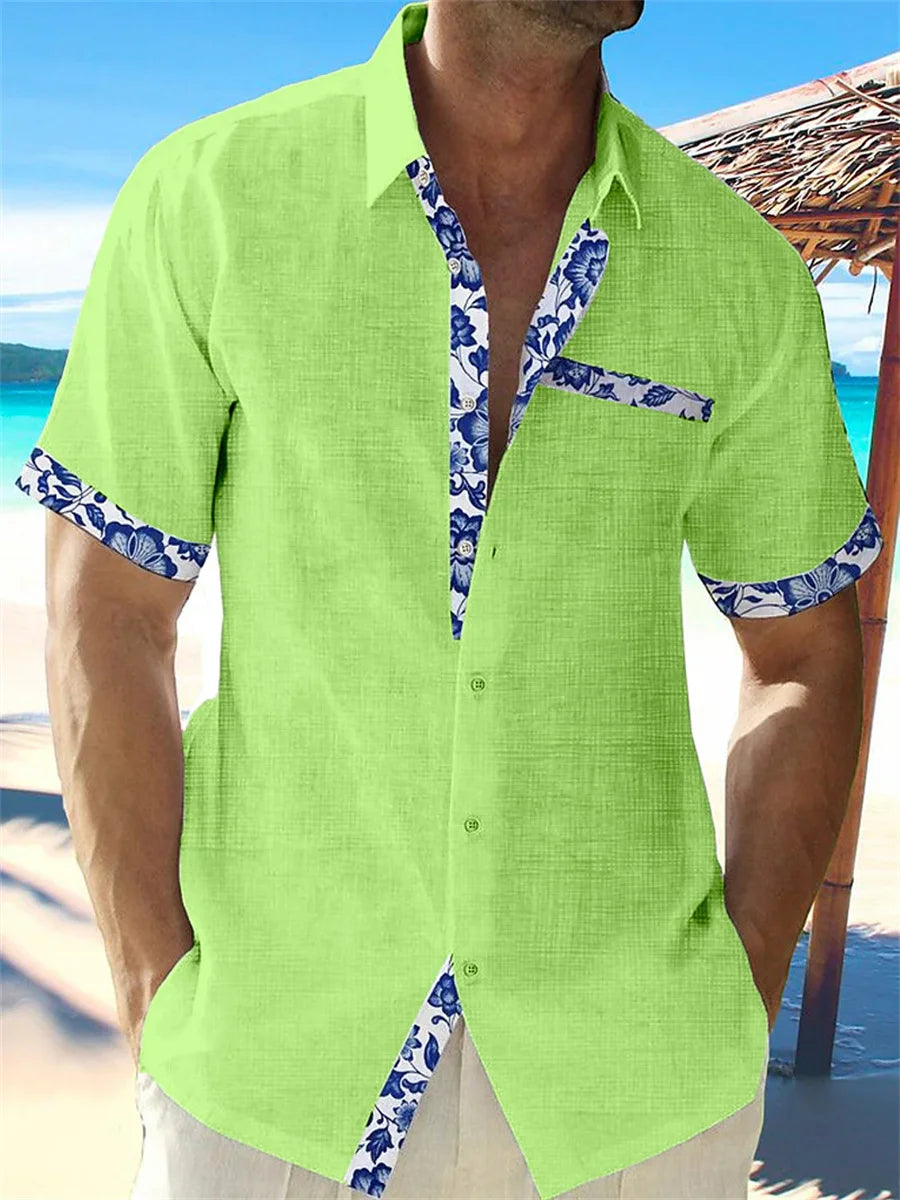 Hawaiian linen shirt men's casual lace printed beach pocket short sleeve plus size jacket 5 colors.