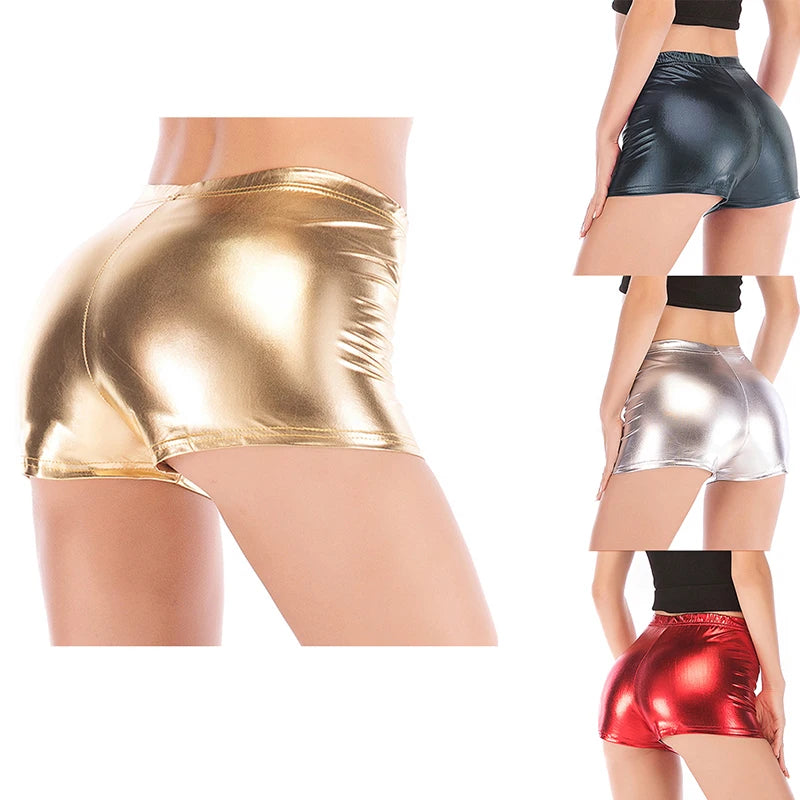 Metallic Yoga Shorts / Mid Waist Cheer Shorts PU Shiny Yoga Shorts