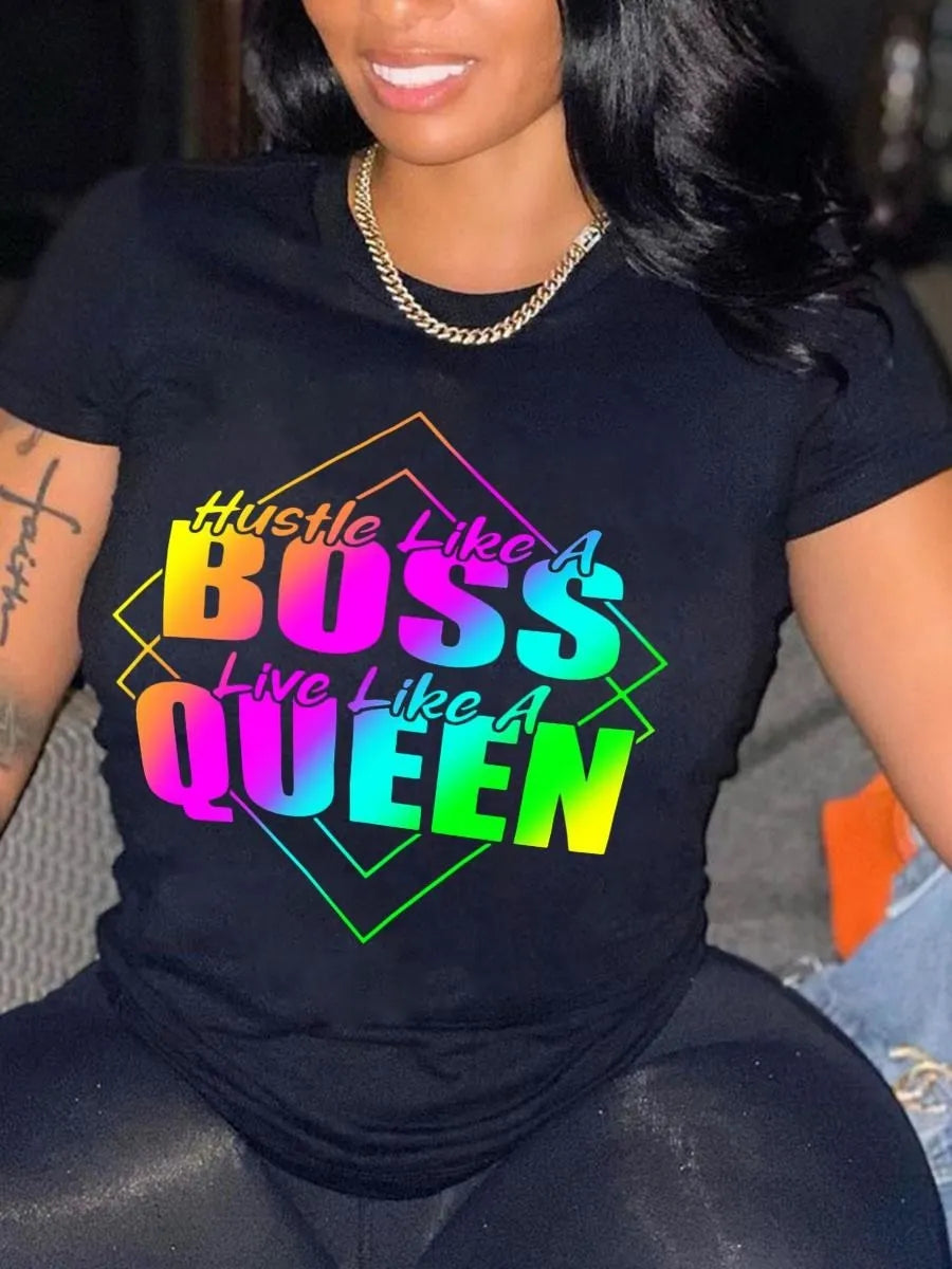 Plus Size Woman Clothes Gradient Queen Rainbow Letter Print Casual Black T-shirt