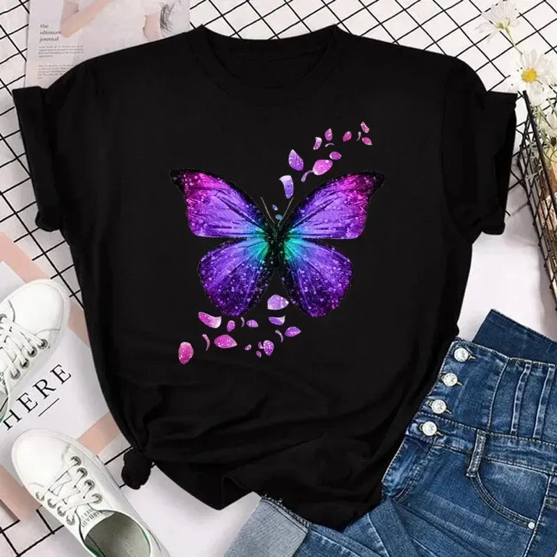 Colorful Butterfly Petal Print Short Sleeve and Round Neck /Cute Graphic Tee Shirts