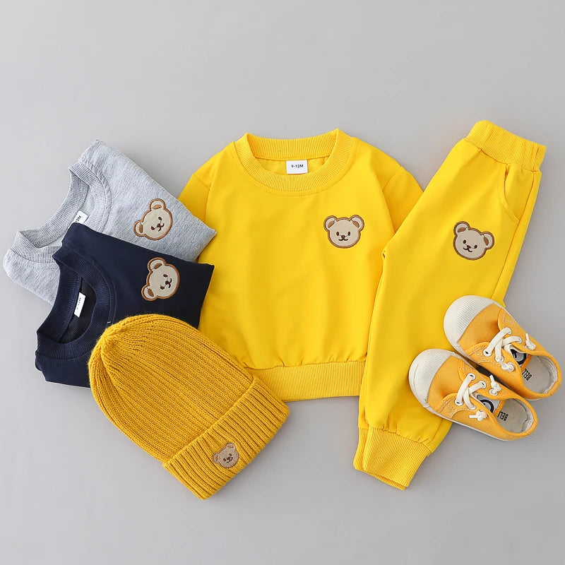 2PCS Children's Set Spring and Autumn Simple Little Bear Head Round Neck Long Sleeve Pants