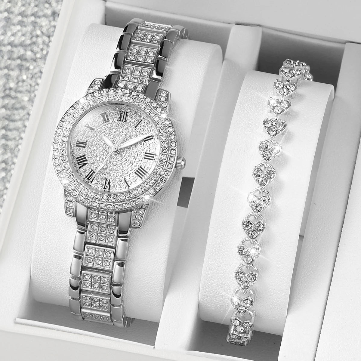 2pcs/set Women Stainless Steel Band Diamond Quartz Watch and Bracelet Set