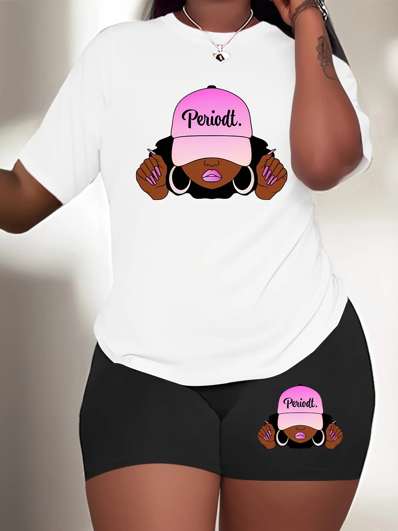 Women's 2-Piece Plus Size Sport Set, White T-Shirt With Bold "Periodt." Graphic & Matching Shorts, Comfortable Summer Outfit