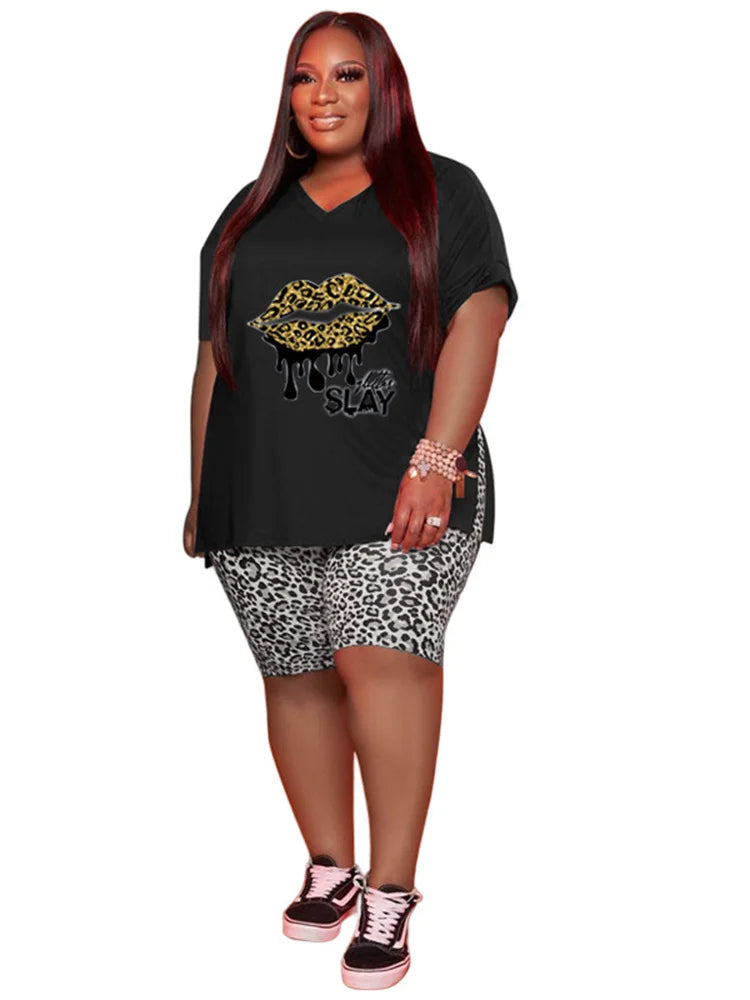 Plus Size  2 Piece Outfits Loose Lip Printed Top Leopard Shorts Casual Matching Set