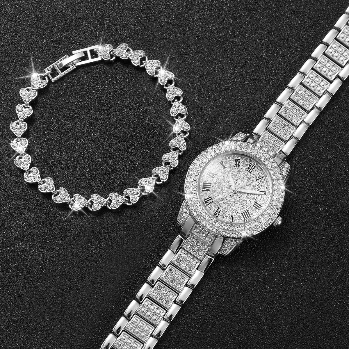 2pcs/set Women Stainless Steel Band Diamond Quartz Watch and Bracelet Set