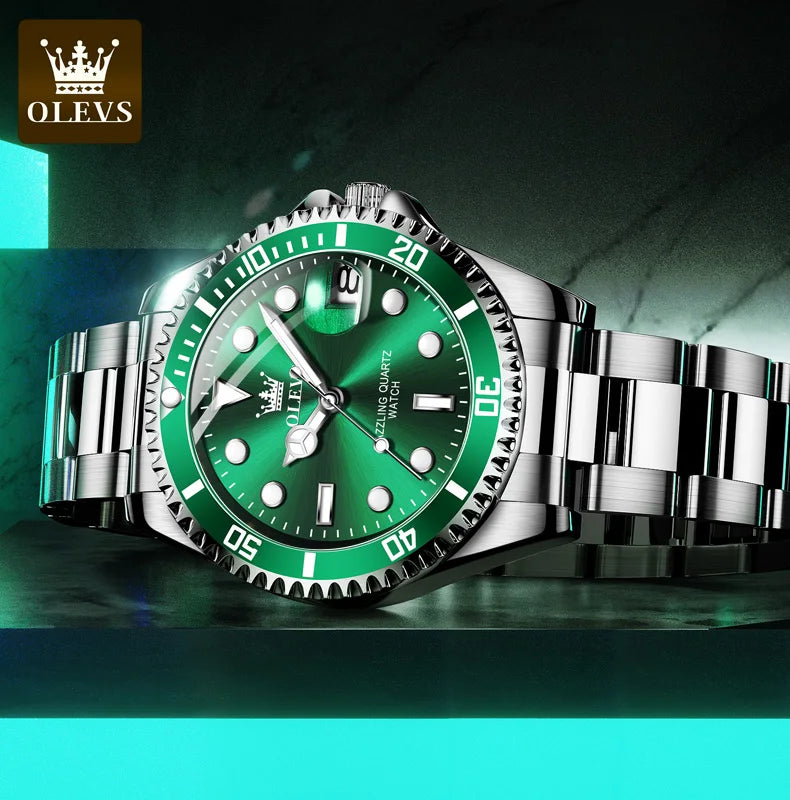 OLEVS Top Original Men Quartz Watch Green Waterproof Watch for Men Stainless Steel Quartz Men Luxury Watch Luminous Wristwatch