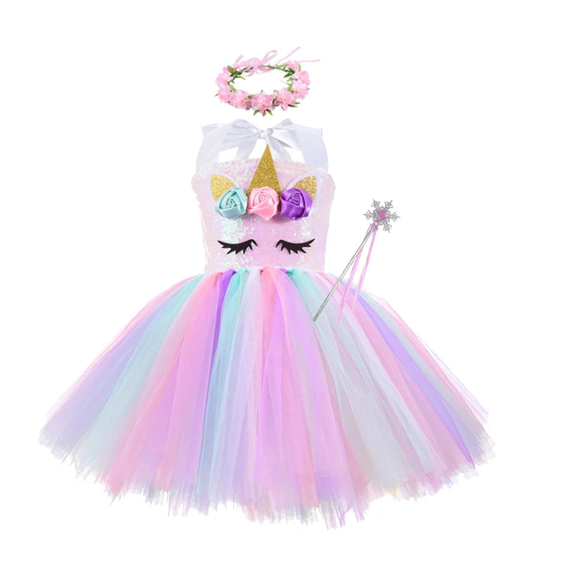 Princess Girls Unicorn Tutu Dress Outfits Pastel Flower Baby Girl Birthday Party Dresses