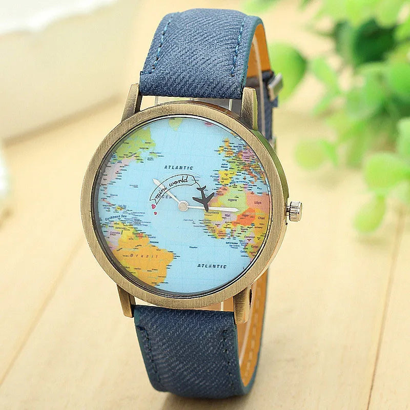 2024 Fashion Global World Map Plane Denim Fabric Band Watch Casual Men Women Wristwatches Quartz Watch Gift