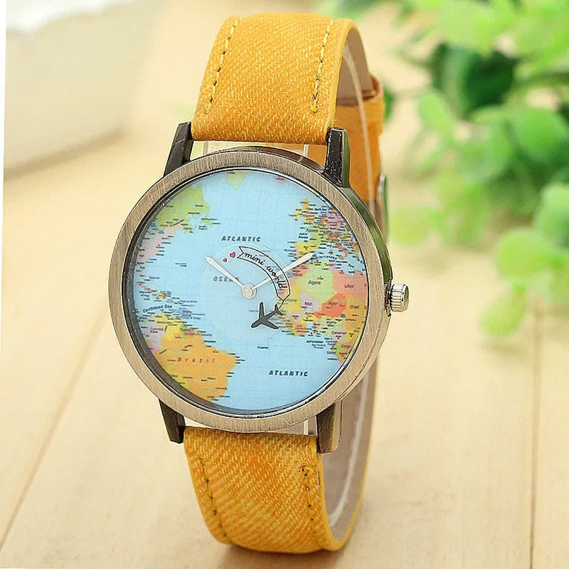 2024 Fashion Global World Map Plane Denim Fabric Band Watch Casual Men Women Wristwatches Quartz Watch Gift