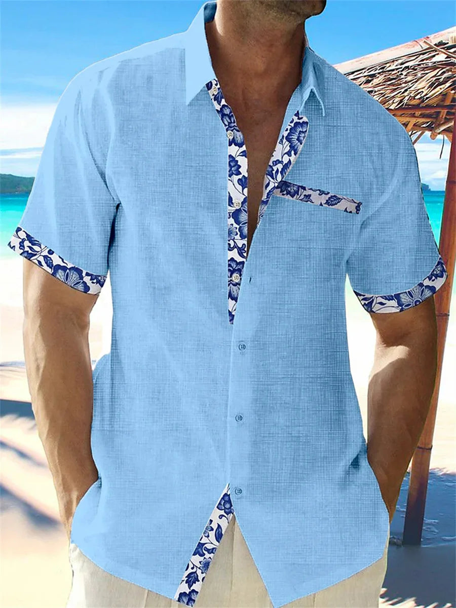 Hawaiian linen shirt men's casual lace printed beach pocket short sleeve plus size jacket 5 colors.