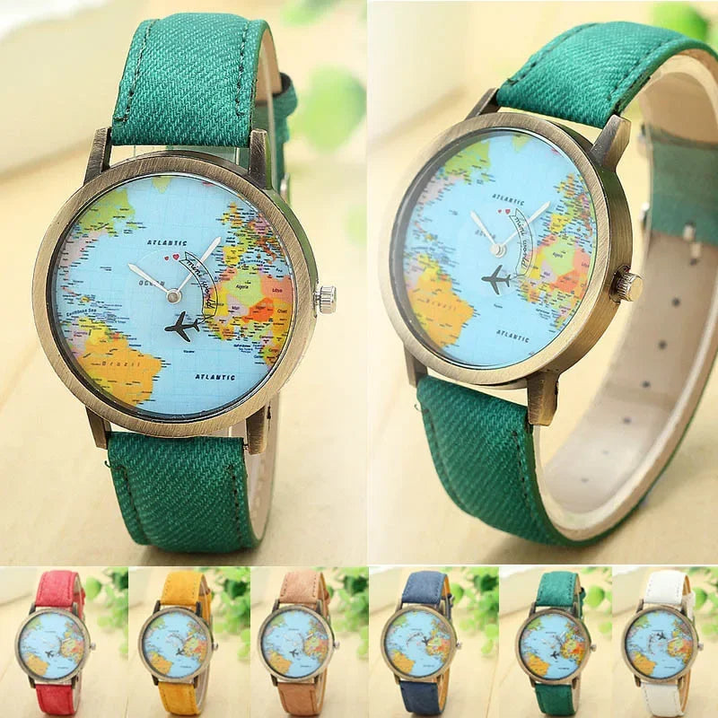 2024 Fashion Global World Map Plane Denim Fabric Band Watch Casual Men Women Wristwatches Quartz Watch Gift